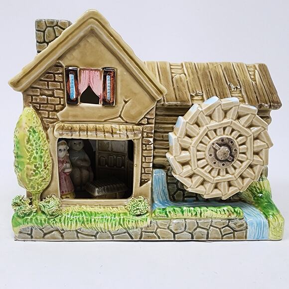 Gristmill Waterwheel Glazed Ceramic Musicbox Tabletop Works Great Wheel Turns - Picture 1 of 7